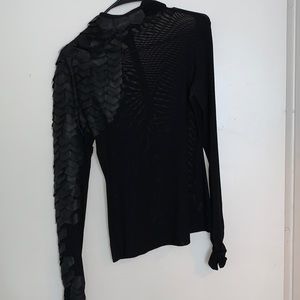 Sheer and faux leather sleeve zip up turtleneck